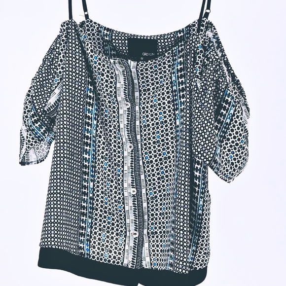 MXED DOT BLACK BLUE COLD SHOULDER SLEEVE MEDIUM - Picture 9 of 15